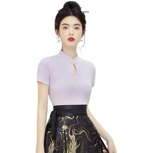 Ayxqyzjp Chinese National Style Solid Color Short-Sleeved T-Shirt for Women in Summer with Skirt-Purple Tops-L