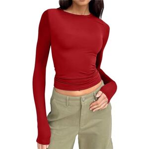 Clodeeu Women Y2k Cropped Tops Long Sleeve Plain Crewneck Slim Fit Blouse Basic T Shirts Casual Fall Tunic for Holiday Daily Travel Red