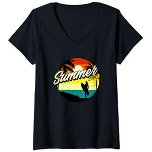 Summer Wave Creations Womens Retro Surfing Vintage Surfer Summer Vibes Sunset V-Neck T-Shirt