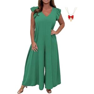 Amousd Summer New Ruffled Wide-Leg Casual Jumpsuit,Elegant V-Neck Solid Fly Sleeve Baggy Wide Leg Jumpsuit (Green,S)