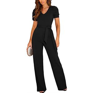 Generic Jumpsuit for Women Short Sleeve Wide Leg Pants V-Neck Playsuit Ladies Elegant Trouser Suit with Belt Jumpsuit Ladies Summer Blazer,Black,L