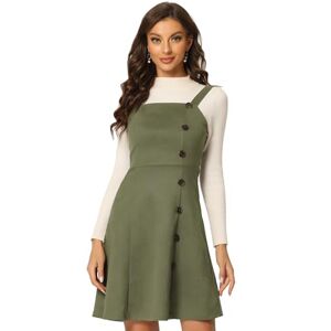 Allegra K Women's Faux Suede Pinafore Button Decor A-Line Mini Overall Dress Army Green L