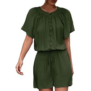 Generic Crew Neck Solid Playsuits Short Sleeve Drawstring Waist Casual Button Jumpsuits For Women 2023 Summer Loose Soft Shorts Pockets