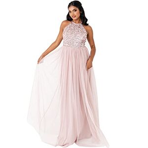 Maya Deluxe Women's Maya Frosted Embellished Halter Neck Pink Maxi Dress Bridesmaid, 6