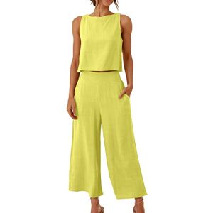 ⭐ Tousers For Women Uk,230510bkdia407 FunAloe w/ Pocket Wide Leg Pants Sets Women 2 pc Outfits Summer Outfits Round Neck Crop Basic Top Button Back Tops Linen Pants for Women Sleeveless Rompers Women's Linen Trouser Suits, 01-yellow