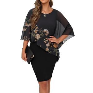 QIXING Womens Summer Casual Dress Loose Batwing Sleeve Crew Neck Chiffon Cape Elegant Midi Cocktail Pencil Dresses for Women UK for Funeral Party Wedding (FP Peony Position, L)