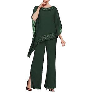 3 PC Beaded Mother of The Bride Pants Suits Chiffon Wedding Guest Outfit Formal Evening Gown Dark Green UK22