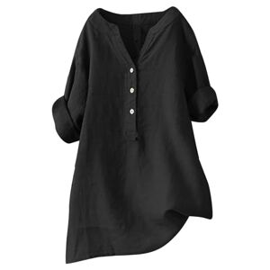 Clodeeu Ladies Henley Neck Shirts Summer Half Sleeve Cotton Linen Button Tops Solid Color Casual Going Out Blouse Baggy Classic Tees Black