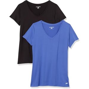 Amazon Essentials Women's Tech Stretch Short-sleeved V-neck T-shirt (Available in Plus Sizes), Pack of 2, Black/Bright Blue, S