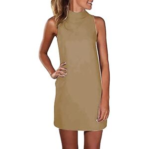 Generic Short Dress for Women Casual High Neck Sleeveless Dress Ladies Solid Color Ladies' Sexy Long Top Ciao Dress Solid Color Dress (Khaki, L)