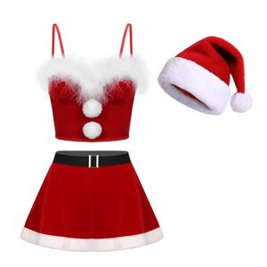 winying Womens Faux Fur Trim Christmas Outfit Soft Velvet Crop Top with A-Line Skirt Santa Claus Hat Red D XXL