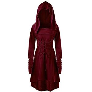 Celucke Womens Gothic Dresses, Vintage Halloween Christmas Costumes Lace Up Hooded Pullover High Low Bandage Dress Cloak Wine