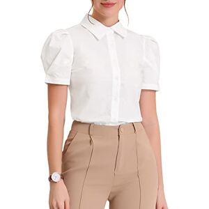 Allegra K Women's Puff Short Sleeve Turn Down Collared Work Office Button Down Shirt White L