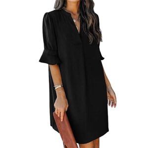 QACOHU Women's V Neck Ruffle Short Sleeve Simple Solid Color Casual Summer Dress, A-black, XX-Large