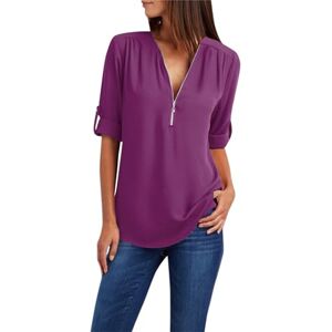 Generic Long Sleeve Tops for Women UK Summer Zipper V Neck Solid Colour Blouse Ladies Casual Loose Fit T Shirts Elegant Dressy Tunics Purple