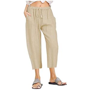 RUIRUILICO Linen Cropped Trousers for Womens UK Plus Size Elastic High Waist Wide Leg Casual Pants Solid Color/Vintage Print Palazzo Trousers S-5XL Khaki