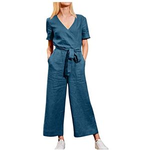 HAOLEI Cotton Linen Jumpsuits for Women Plus Size UK Elegant Summer V Neck Wide Leg Jumpsuit High Waist Rompers Casual Short Sleeve Drawstring Trousers Bib Overalls Long Pants Playsuits with Pockets