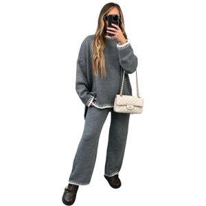 Made In Italy Alam Exclusive Womens Long Sleeve Loungewear Contrast Stitching Ladies Two Piece Co ord Set Tracksuit Knitwear Jumper With Trouser (Grey, One Size (8-12) UK)