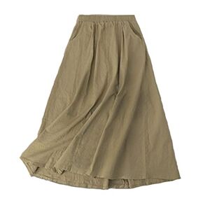 DSKK Womens Skirt Linen Cotton Elastic Waist Midi Long Skirt Bohemian Style Solid Colour Skirt (Khaki,One Size,UK,Alpha,One Size)