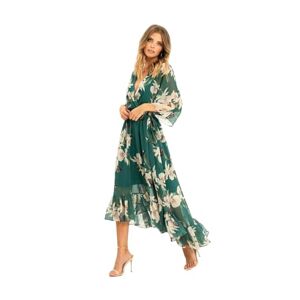 Yumi Floral Print Green Kimono Midi Wrap Dress 12 Green