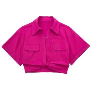 NSLFA T Shirt Women Fashion Front Knot Linen Cropped Shirts Vintage Short Sleeve Patch Pockets Blouses Chic Tops-a-l