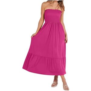 Summer Tube Dresses for Women UK Strapless Smocked Boho Dresses Flare A-Line Maxi Dress Beach Party Solid Color Elastic Waist Pleated Swing Long Dresses with Pockets