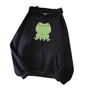 Cocila Ladies Plus Size Hoodies Pullover Funny Cartoon Frog Printed Long Sleeve Casual Blouse Tops Women's Loose Fit Hooded Sweatshirt Jumper Shirts S-3XL Black