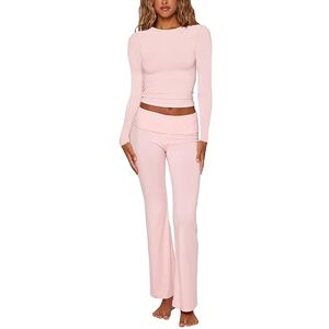 Barbotimer Women 's 2 Piece Lounge Set Long Sleeve Crop Tops Low Waist Flare Long Pants Set Outfits Going Out Pajamas Tracksuits (Pink, S)