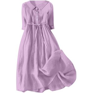 Juyamh Women's Solid Color Vintage Lapel Button Cotton Long Casual Dress Tunic Dresses (Purple #1, L)