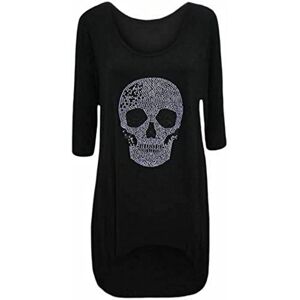 Fashion Fairies Ladies 3/4 Sleeve Diamante Skull Studded Shirt Scoop Neck Tail Back Top Womens Summer Fashion Plus Size Tee Sequined Top Black UK 20