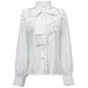 CR ROLECOS Victorian Blouse Women Lolita Lace Stand-Up Collar White Lotus Ruffle Shirt Retro M