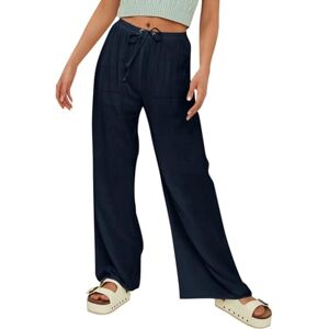 Nmslcnm Summer Trousers for Women UK Womens Linen Palazzo Pants Summer Casual Boho Wide Leg High Waist Comfy Beach Trousers with Pockets Ladies Loose Fit Trousers (Navy, L)