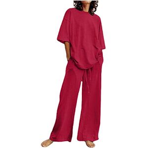 PRiME AMhomely Womens 2-Piece Outfits Summer Casual Solid Color Suit Short Flare Sleeve T-Shirt and Wide Leg Pants Set Trousers Suit Lightweight Breathable Sportswear Tracksuits Cotton Linen Pants, Z1 Red