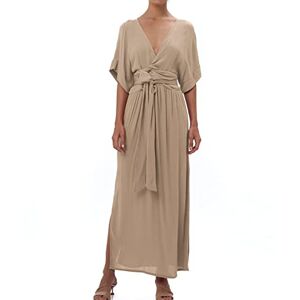 HENGNICE Women's Skirt 2023 Spring Summer Fashion Bandage Kink Loose Short Sleeve Slit Dress Casual Dress (Color : GQQS011 Beige, Size : L)