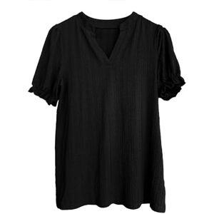 Amazon Warehouse Uk Returns Angxiwan Plus Size Tops for Women Women's Solid Color V Neck Loose Short Sleeved T Shirt Fashionable Casual Jacquard Top Ladies Cotton Summer Tops Loose Cotton Tops for Women UK Black