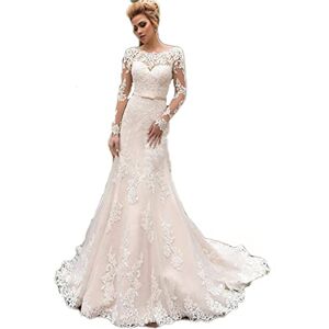 LZHRD a Line Women's Wedding Dress Evening Dress, Lace Bodycon Fishtail Backless Floor Length Bridal Dress Long Sleeve Prom, White, US 22W