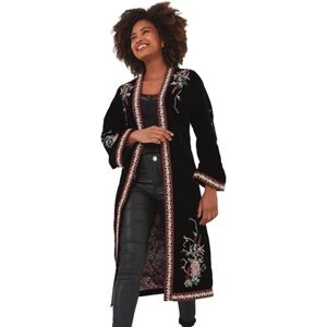 Joe Browns Women's Boutique Embroidered Longline Kimono Style Velvet Jacket, Black, 14