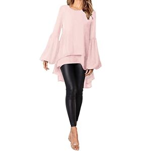 ZANZEA Women Casual Loose Long Sleeve Asymmetric Tunic Tops Round Neck Lantern Sleeves Shirt Dress Fashion Double Layer Blouse M-Pink 3XL