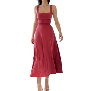 Wllhxyx New Women's Thick Straps Square Neck Midi Dress Summer Sleeveless Wide Strap Solid Casual Corset Dress Formal (Watermelon red,L)