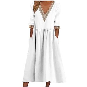 Cotton Linen Dresses for Women UK Lace Half Sleeve Midi Dresses V Neck Summer Casual Dresses with Pocket Solid Elegant Party Dress A-Line Shift Maxi Dress Going Out Holiday Dress White