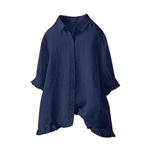 Qiuhhpuy Linen Blouse Women's Oversize Long Sleeve Loose Linen Blouse V-Neck Button Plain Blouses Shirt Summer Autumn Long Shirt Tops Tunic Long Tops, 2 navy, short sleeves, XXXXL