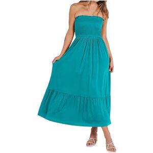 Summer Tube Dresses for Women UK Strapless Smocked Boho Dresses Flare A-Line Maxi Dress Beach Party Solid Color Elastic Waist Pleated Swing Long Dresses with Pockets