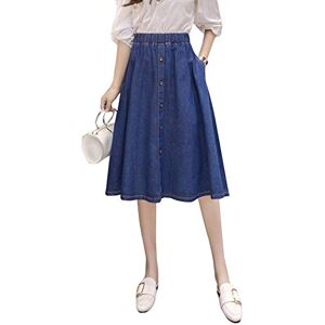 Lazutom Womens Summer Retro Elastic Waist Button Knee Length Pleated Denim Skirt (UK 6, Deep Blue)