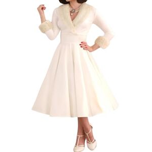 SHINROAD Vintage A-line Dress Elegant Midi Fall Winter Women Loose Hem Three Quarter Sleeve V Neck Faux Fur Thick Tight High Waist Slim Fit Princess Style Lace White M