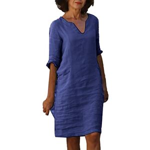 Dresses for Women UK Cotton Linen Casual V Neck Midi Dress Solid Half Sleeve Beach Dress Comfy Sundress Tunic Dress for Elderly Ladies Dresses Dark Blue