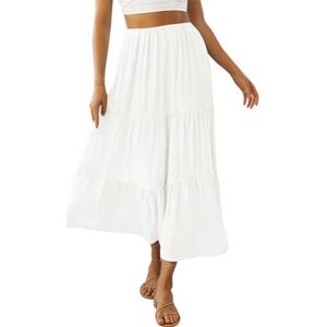 Nokiwiqis Women Summer Boho Maxi Skirt Plaid Elastic High Waist Pleated A-Line Long Skirt Elegant Ruffle Flowy Swing Beach Skirts (White, L)