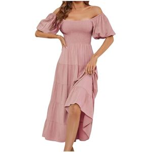 Summer Dresses for Women UK Off Shoulder Casual Maxi Dresses Flowy Tiered Beach Dress Ladies Swing Holiday Loose Bohemian Dresses Elastic Square Neck Short Sleeve Long Dress for Night Out Party Pink