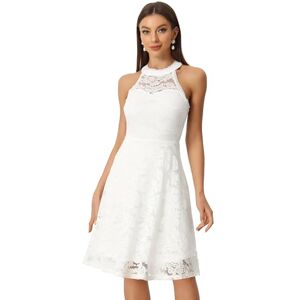 Allegra K Lace Dress for Women's Halter Neck Sleeveless Elegant Cocktail A-Line Dress White M