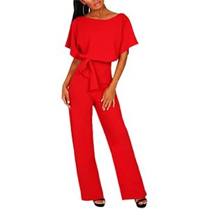 FeMereina Women's Casual Jumpsuits Loose Batwing Sleeve Crewneck Rompers Long Pants Belted Wide Legs Overall S-2XL (Red, Small)