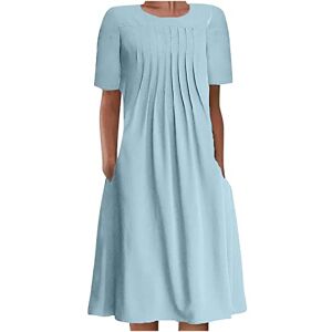 AMhomely Womens Summer Dress Short Sleeve Round Neck Midi Dress Pleated Swing Dress Floral Print Boho Dress Holiday Beach Sundress Skater Dress T Shirt Dress, 16, Z84 Blue